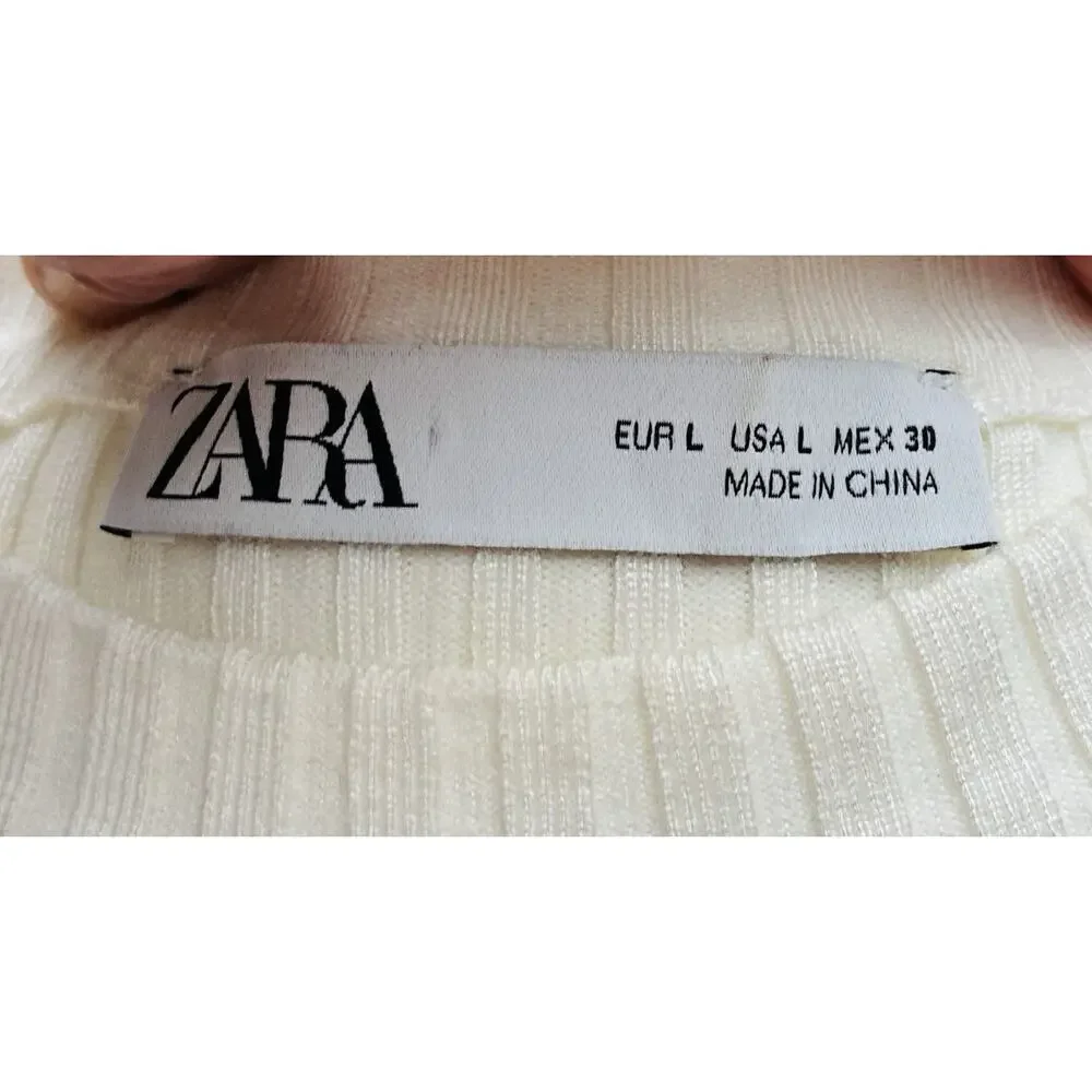 Zara L Ivory Ribbed Knit Dramatic Puff Balloon Sleeve Top Statement Blouse